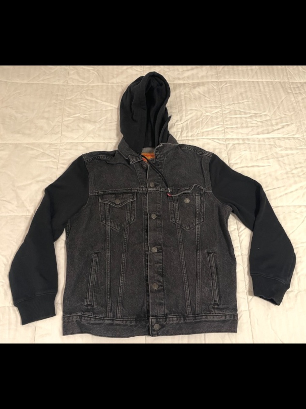 Levis Trucker Hybrid Hoodie Jacket Men’s Large Black Denim Button Up Hooded EUC